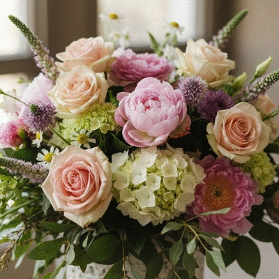 Detailed wedding flower arrangement with various blooms and greenery