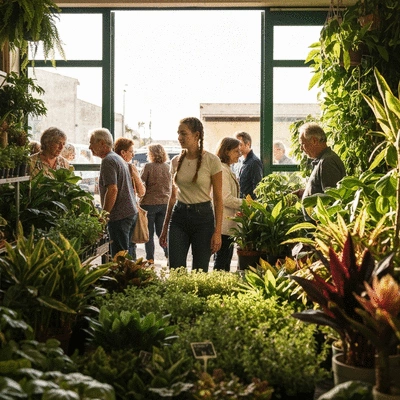 People browsing exotic plants at a local market or nursery in Marseille, vibrant and diverse plant selection, natural lighting, no text, no words, no typography, no labels, clean image