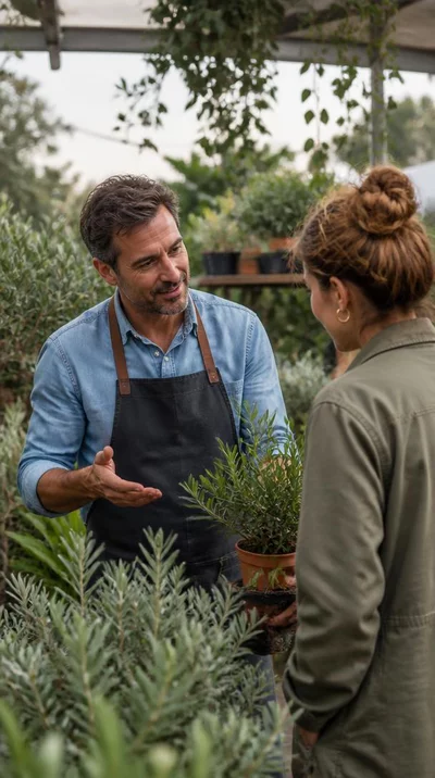 Seller in a plant nursery advising a customer on plant choices in Marseille