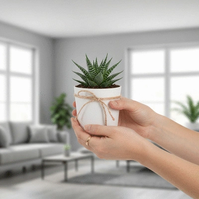 Hands holding a small potted plant as a gift, with a blurred background of a modern home interior, symbolizing care and eco-responsibility, no text, no words, no typography, clean image