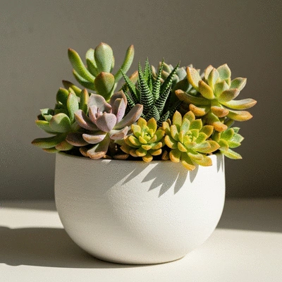 Arrangement of various colorful succulents in a modern pot