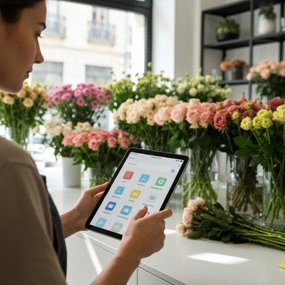 Artisan fleuriste utilisant une tablette pour gérer les commandes en ligne dans sa boutique de fleurs moderne à Marseille