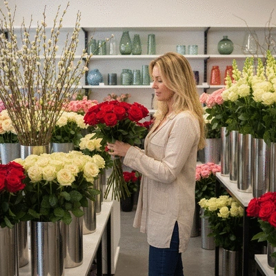 Personne sélectionnant des fleurs dans un magasin de fleurs pour un hommage funéraire