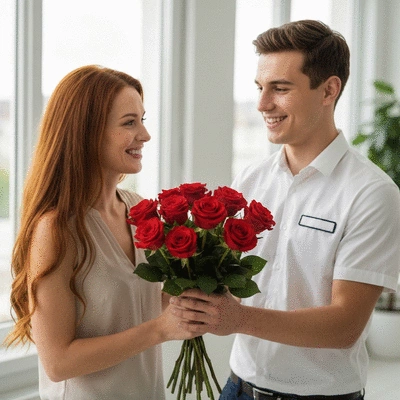 Femme souriante recevant un bouquet de fleurs fraîches