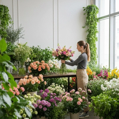 Florist arranging a beautiful bouquet of fresh flowers in a modern studio, showcasing passion and artistry