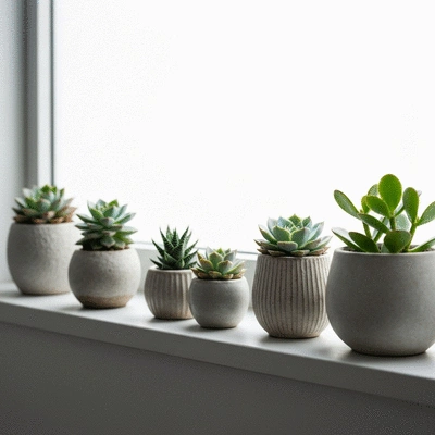 Close-up of various succulent plants in decorative pots on a windowsill