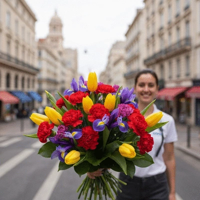 Beautiful fresh bouquet of colorful flowers being delivered in Marseille, France