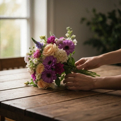 Personne arrangeant un bouquet de fleurs de saison sur une table en bois, ambiance naturelle