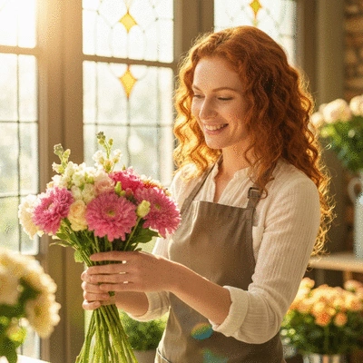 Fleuriste souriante arrangeant un bouquet de fleurs fraîches dans sa boutique