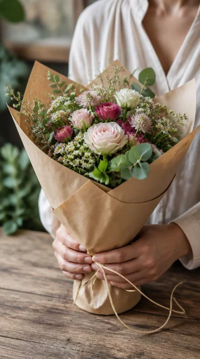 Personne tenant un bouquet de fleurs emballé dans du papier kraft recyclable