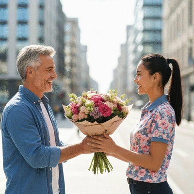 Client heureux recevant un bouquet de fleurs