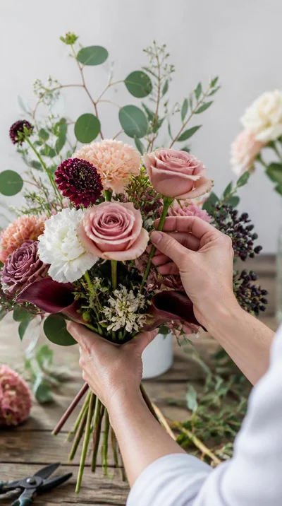 Freshly cut seasonal flowers being arranged by a florist