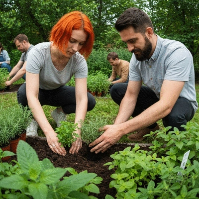 Personnes participant à un atelier de jardinage en plein air, plantant des herbes aromatiques