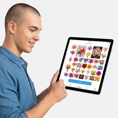 Person using a tablet to customize a flower bouquet online, with various flower options and colors on the screen, clean interface, no text, no words, no typography, no labels, clean image