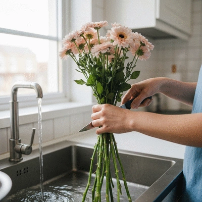 Personne coupant les tiges d'un bouquet de fleurs sous l'eau dans une cuisine lumineuse