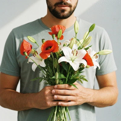Person holding a beautiful bouquet of fresh seasonal flowers, vibrant colors, soft lighting