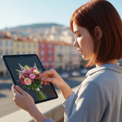 Personne sélectionnant un bouquet de fleurs sur une tablette, avec Marseille en arrière-plan