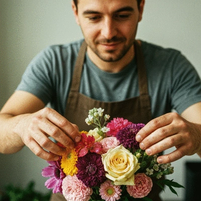 Fleuriste local assemblant un bouquet de fleurs fraîches