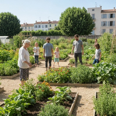 Community garden in Marseille with diverse plants and people interacting, bright sunny day, no text, no words, no typography, no labels, clean image