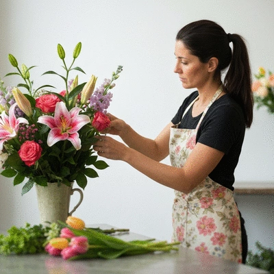 Gros plan d'un fleuriste local à Marseille arrangant un bouquet de fleurs fraîches, mettant en valeur des fleurs vibrantes et une attention aux détails
