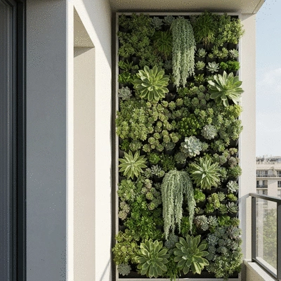 Elegant vertical garden on a modern balcony in Marseilles, various green plants, natural light