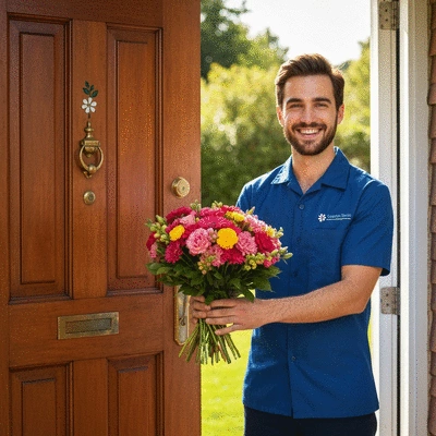 Delivery person holding a beautiful flower bouquet