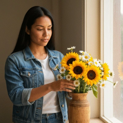 Mains d'un fleuriste arrangeant un bouquet de fleurs fraîches et séchées dans un style naturel et minimaliste