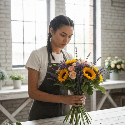 Artisan fleuriste créant un bouquet sur mesure avec des fleurs fraîches