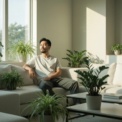 Person relaxing in a minimalist living room with several green houseplants, natural light, creating a serene environment, no text, no words, no typography, clean image