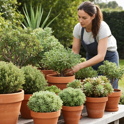 Gardener tending to various potted Mediterranean plants in a sunny outdoor setting, no text, no words, no typography, no labels, clean image