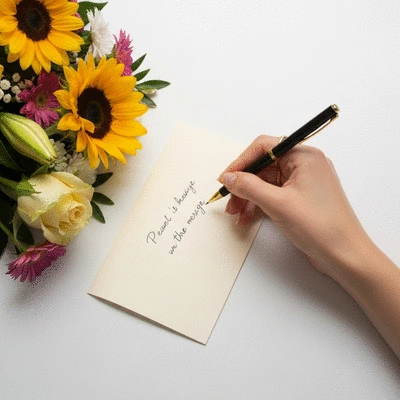 Une main rédigeant un message personnel sur une carte élégante, à côté d'un bouquet de fleurs colorées, sur une surface propre, sans texte, sans mots, sans typographie, 8K