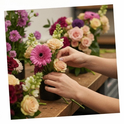 Hands arranging flowers in a workshop setting, vibrant colors, clear focus on the flowers, no text, no words, no typography, no labels, clean image