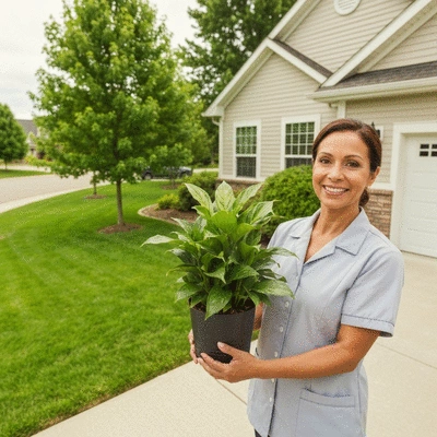 Beautiful potted plant being delivered to a home in Marseille, France, with a delivery person in uniform
