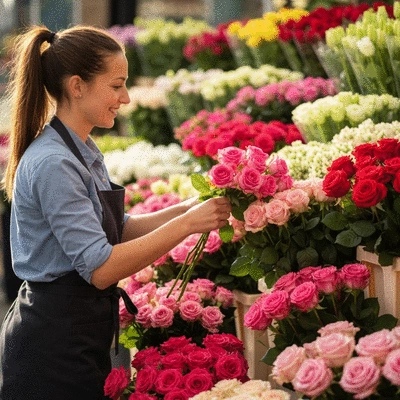 Close-up of a florist carefully selecting fresh, seasonal flowers from a vibrant display in a Marseille market, natural lighting, no text, no words, no typography, clean image