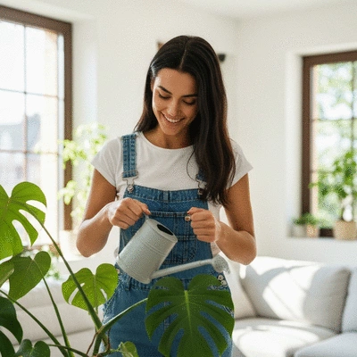 Woman watering a Monstera plant in a modern living room