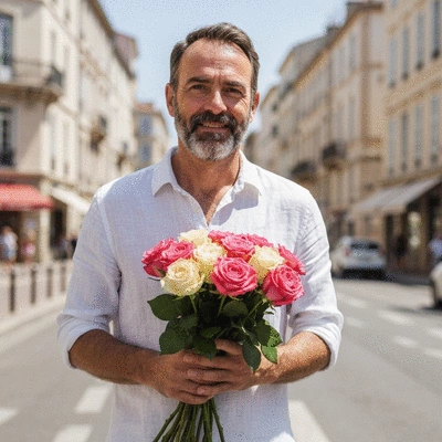 Person holding a beautiful bouquet of fresh flowers with a blurred background of Marseille city, no text, no words, no typography, clean image