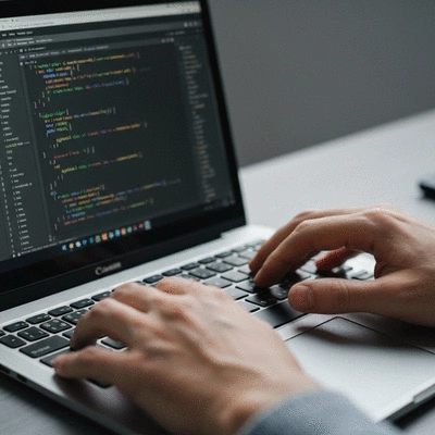 Close-up of hands typing on a keyboard with a screen displaying SEO metrics and local map, surrounded by plants