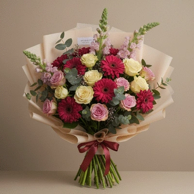 Fleurs fraîches de saison soigneusement choisies pour un bouquet, avec un emballage élégant sur un fond neutre.