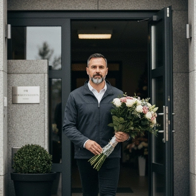 A discreet flower delivery person carrying a bouquet of condolence flowers, walking towards a funeral home entrance.