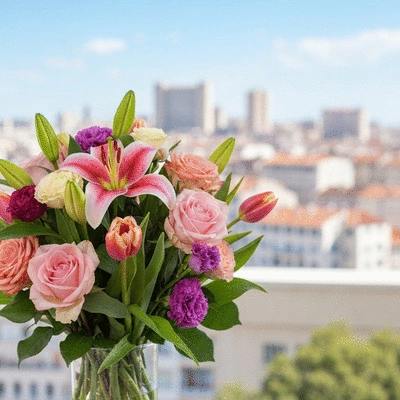 Gros plan sur un bouquet de fleurs colorées avec un arrière-plan flou de Marseille