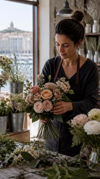 Fleuriste composant un bouquet de fleurs fraîches