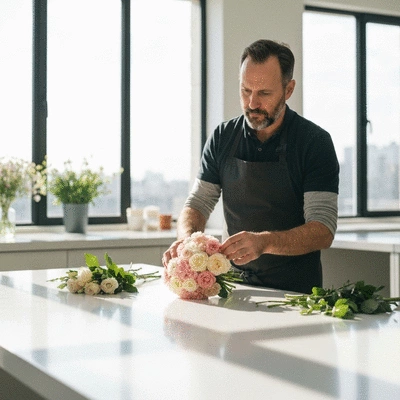 Fleuriste créant un bouquet personnalisé