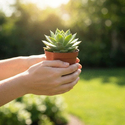 Mains tenant une petite plante verte en pot, arrière-plan flou d'un jardin
