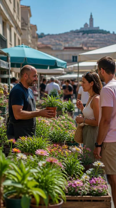 Customers interacting with a plant seller at a local market in Marseille