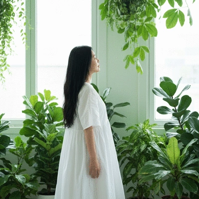 Woman enjoying fresh air in a room with many green plants