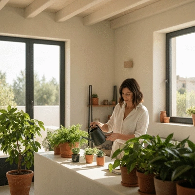 Woman watering indoor plants in a modern Mediterranean-style home