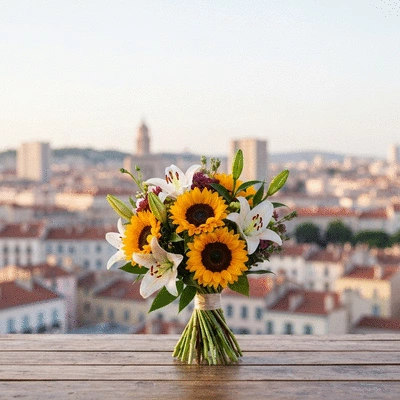 Un bouquet de fleurs fraîches posé sur une table avec un fond flou de la ville de Marseille