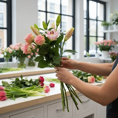 Close-up of a hand arranging fresh flowers into a bouquet