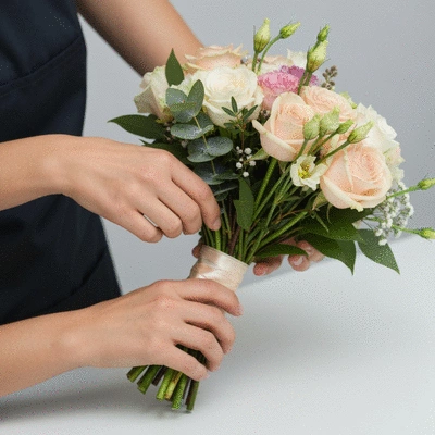 Florist arranging flowers for a wedding, close-up on hands
