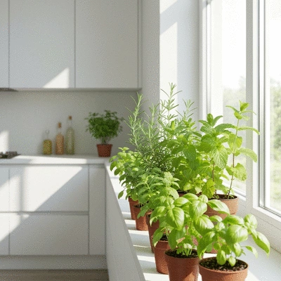 A collection of small potted aromatic plants like rosemary, mint, and basil on a kitchen windowsill